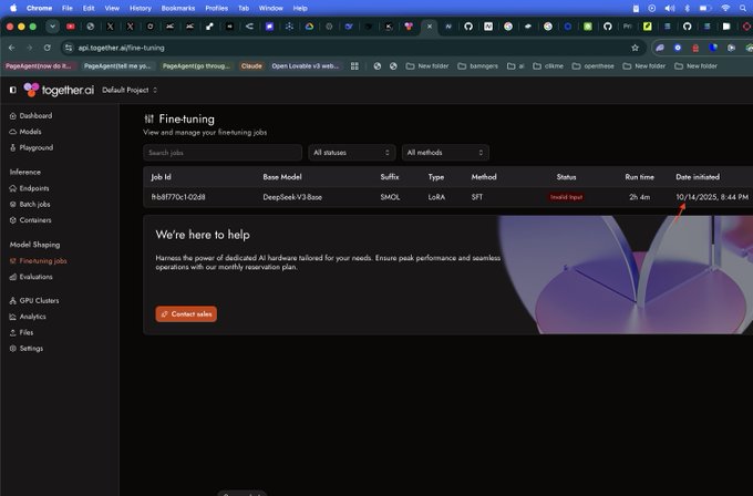 Screenshot of the together.ai dashboard showing the Finetuning jobs page with one job listed (Job Id fbb8770c102d8, Base Model DeepSeek-V3-Base, LoRA, SFT) marked as 'Invalid Input' status with a 2h 4m run time initiated 10/14/2025.