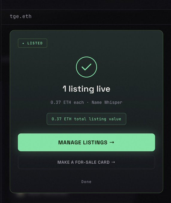 A dark-themed interface from 'tge.eth' displays a successful listing confirmation showing '1 listing live' for 'Name Whisper' at 0.37 ETH each, with buttons to manage listings or create a for-sale card.