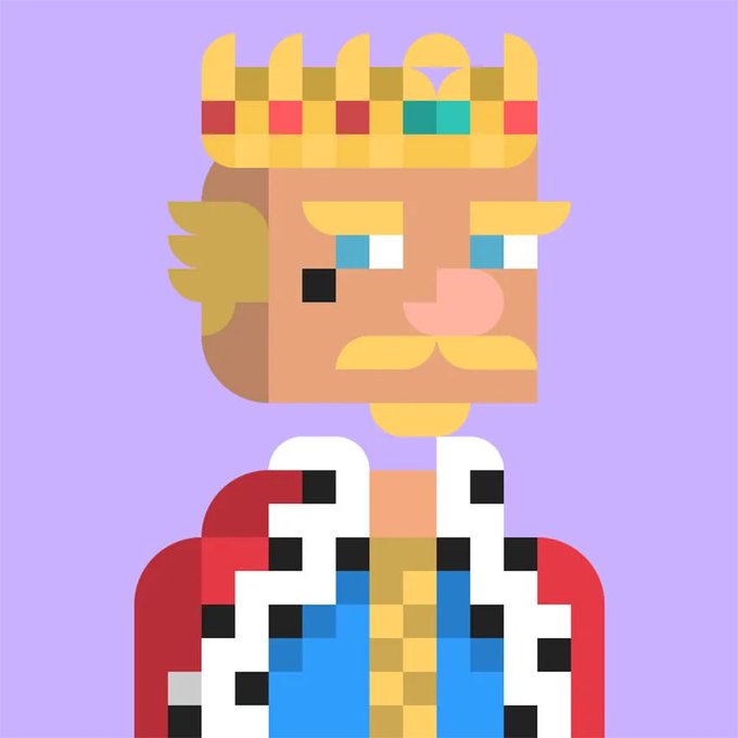 A pixel art portrait of a king with blonde hair, a yellow crown adorned with colorful gems, blue eyes, and a mustache, wearing a red cape over blue and gold robes.