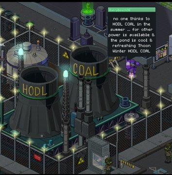 A pixel art scene depicts a fenced-in coal power plant with cooling towers labeled "HODL" and "COAL," accompanied by a green speech bubble stating "no one thinks to HODL COAL in the summer ... for other power is available & the pond is cool & refreshing Thooin Winter HODL COAL," reinforcing the post's message about holding assets like @pepecoins long-term.
