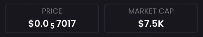 A dark-themed dashboard displays a token price of $0.057017 and a market cap of $7.5K, corresponding to the low-cap memecoin the poster is promoting.