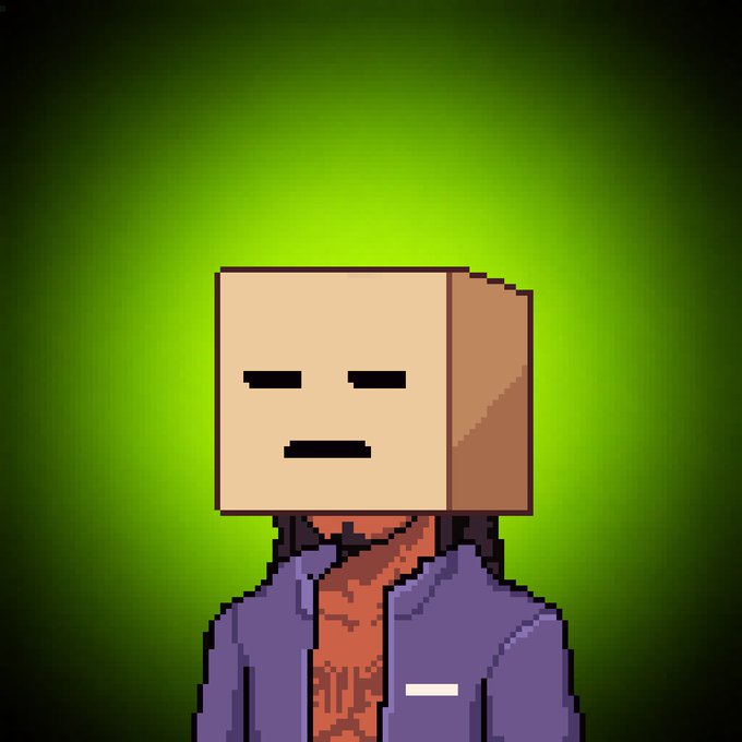 A pixel art style portrait of a character with a beige blocky head, simple facial features, wearing a purple suit and patterned shirt against a bright green gradient background.