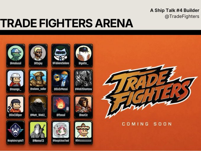 A promotional graphic for 'TRADE FIGHTERS ARENA' marked 'COMING SOON', featuring a grid of 16 cartoon profile avatars with Twitter handles.