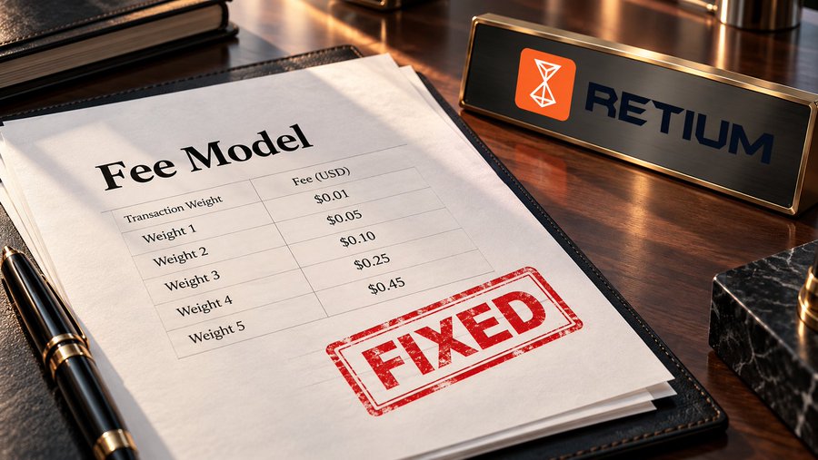 A desk scene displays a “Fee Model” sheet listing fees from $0.01 to $0.45, stamped “FIXED,” beside a plaque reading “RETIUM.”