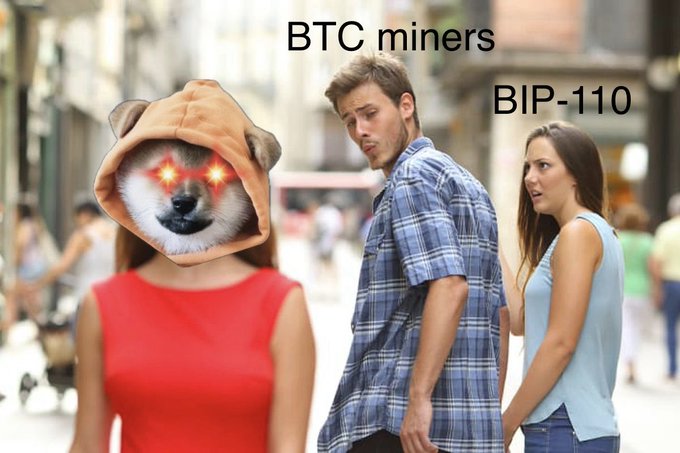 A 'Distracted Boyfriend' meme featuring a Shiba Inu (BTC) with glowing red eyes in a dog costume as the man, with 'BTC miners' labeled as the girlfriend looking back, and 'BIP-110' as the woman in red being distracted.