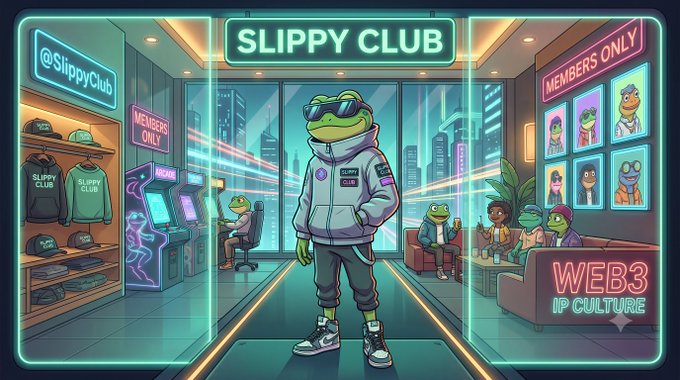 A digital illustration of "SLIPPY CLUB" featuring an anthropomorphic frog in futuristic streetwear, surrounded by arcade machines, merchandise, and other frog characters in a neon-lit Web3 IP culture setting.