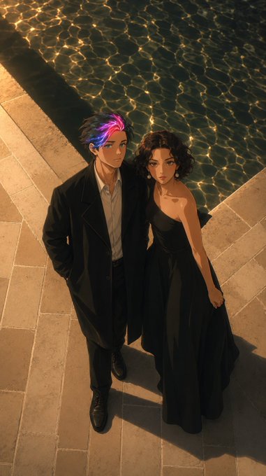 A stylized digital illustration shows a fashionable couple standing beside a pool at golden hour—the man with vibrant pink and purple streaks in his dark hair wearing a black overcoat, and the woman in a sleek black gown with curly dark hair—both gazing confidently at the viewer.

The image's polished, aspirational aesthetic of a well-dressed pair beside a luxury pool mirrors the post's "super bullish" energy, evoking the lifestyle and success associated with being early to "generational" onchain opportunities.