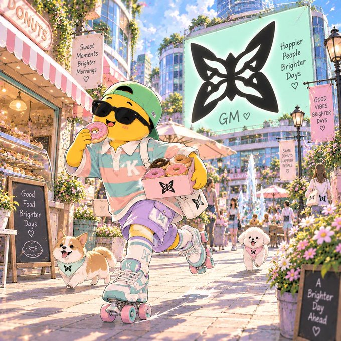 A colorful digital illustration of a yellow character wearing sunglasses and roller skates, eating donuts in a vibrant city street with signs reading 'Sweet Moments Brighter Mornings', 'Good Vibes Brighter Days', and 'Good Food Brighter Days', plus a large 'GM' butterfly logo.