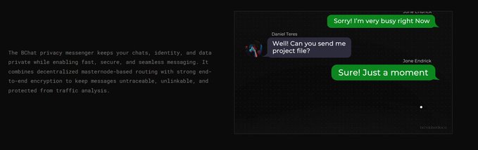 A screenshot showing text about the 'BChat privacy messenger' alongside a mock chat conversation between Justin Case, Daniel Torres, and Jane Endrick discussing sending a 'project file' and being busy.