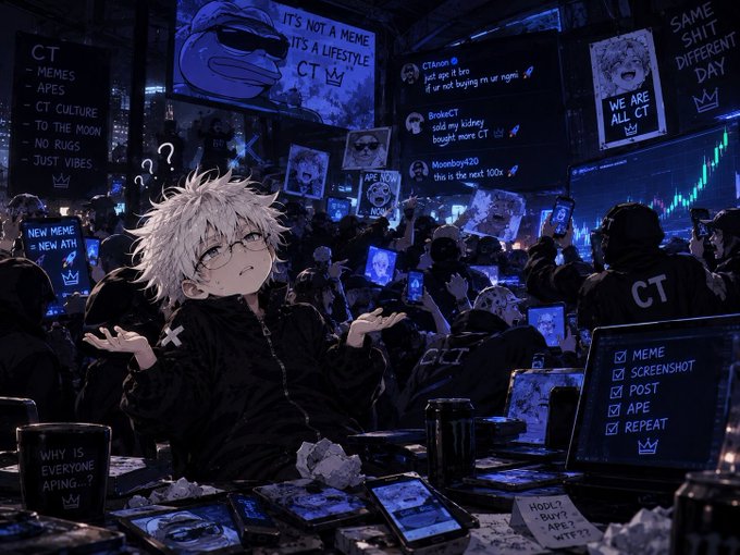 An anime-style illustration of a confused character with white hair standing in a chaotic, meme-filled room with screens displaying text like 'CT MEMES - APES', 'IT'S NOT A MEME IT'S A LIFESTYLE', and 'WE ARE ALL CT'.