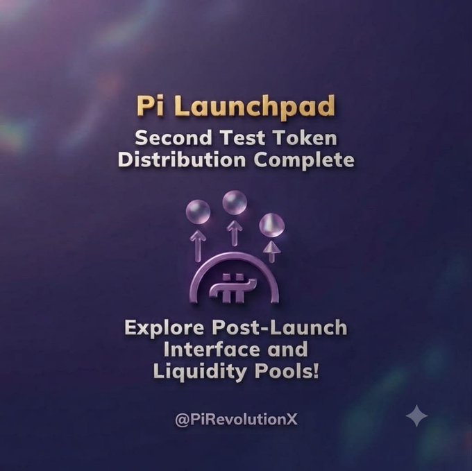 A promotional graphic with a purple gradient background announces "Pi Launchpad: Second Test Token Distribution Complete," featuring the Pi logo with bubbles rising from it and a call to "Explore Post-Launch Interface and Liquidity Pools!" tagged with @PiRevolutionX. The image visually supports the post's message about the completed SLICE testnet token distribution on Pi Launchpad, encouraging users to explore liquidity pools and check their allocations via the Pi Browser.