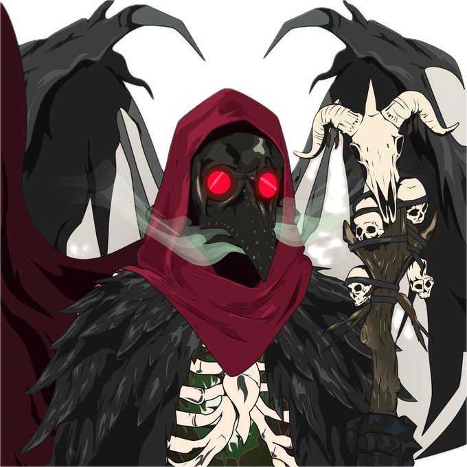 An illustration of a dark, hooded skeletal figure with glowing red eyes and black wings, holding a staff topped with skulls and an animal skull.
