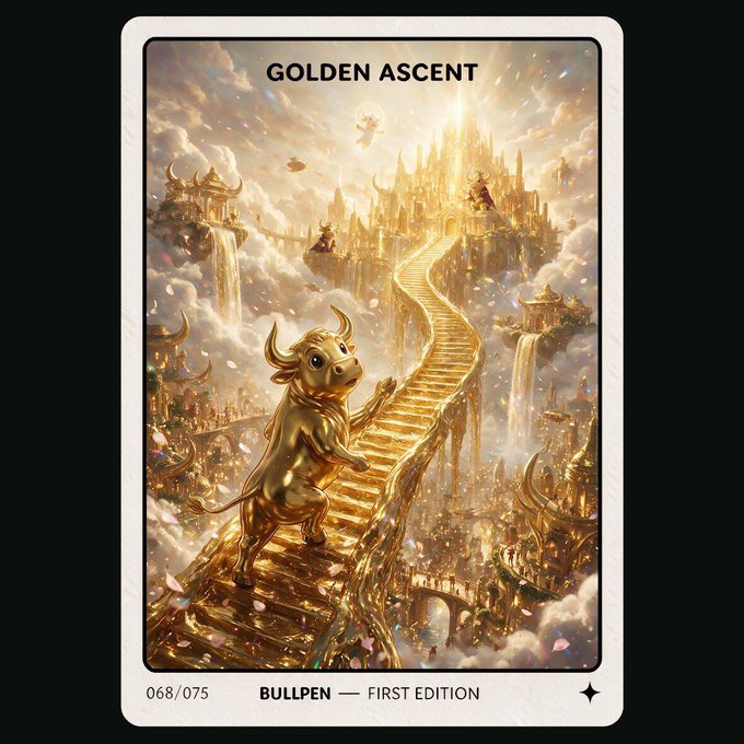 A trading card titled 'GOLDEN ASCENT' showing a golden bull climbing a glowing staircase toward a celestial city in the clouds, labeled '068/075 BULLPEN — FIRST EDITION' at the bottom.