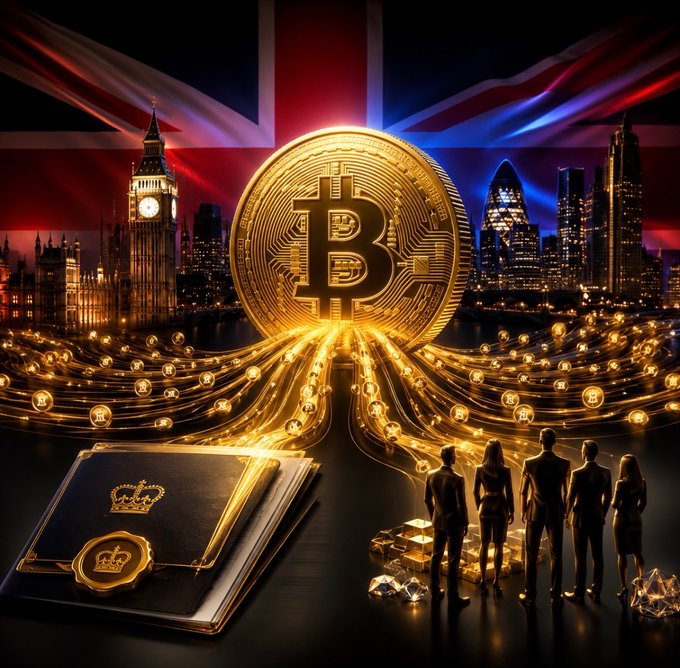 A gleaming Bitcoin coin radiates gold streams over London's skyline against a Union Jack backdrop, while a group of silhouetted figures stands beside golden bars and a ledger book stamped with royal crowns—visually symbolizing the UK's growing crypto wealth among 240 individuals claiming over £1 million in capital gains.