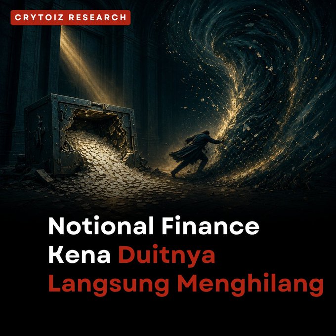 A dark, cinematic illustration shows a figure running toward a massive swirling portal of gold coins erupting from an old safe, with 'CRYTOIZ RESEARCH' in the corner and the title 'Notional Finance Kena Duitnya Langsung Menghilang' overlaid at the bottom.