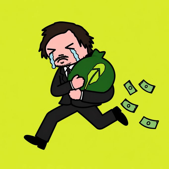 A cartoon illustration of a crying man in a suit running while clutching a green money bag with a yen symbol, dropping banknotes.