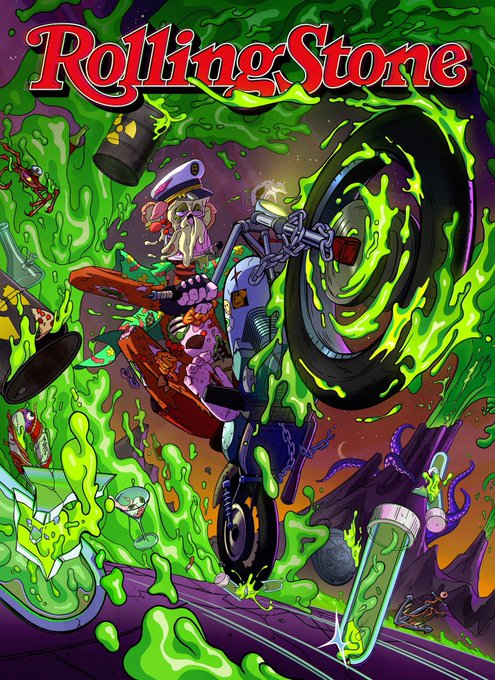 A psychedelic Rolling Stone magazine cover illustration featuring a skeleton pirate on a motorcycle performing a wheelie through green slime, with various objects floating around including a skateboard, lava lamp, and bottles.
