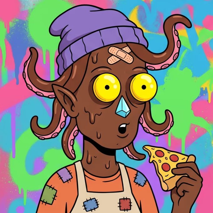 A cartoon illustration depicts a character with octopus tentacles for hair, large yellow eyes, a bandage on the forehead, and a purple beanie, holding a slice of pizza against a colorful graffiti-style background.