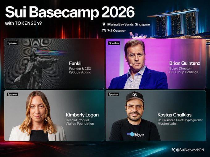 Promotional graphic for 'Sui Basecamp 2026 with TOKEN2049' taking place at Marina Bay Sands, Singapore on 7-8 October, featuring four speakers: Funkii (Founder & CEO t2000/Aidric), Brian Quintenz (Board Director Sui Group Holdings), Kimberly Logan (Head of Product Walrus Foundation), and Kostas Chalkias (Co-Founder & Chief Cryptographer Mysten Labs).