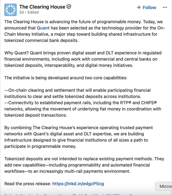 The image is a LinkedIn post from The Clearing House announcing Quant ($QNT) as the technology provider for their On-Chain Money Initiative, which will enable tokenized commercial bank deposits and cross-institution clearing and settlement. This announcement relates to the accompanying post's sentiment, as it represents a major real-world validation of Quant's technology by a major U.S. payment network operator—demonstrating institutional adoption that the commenter found surprisingly significant.