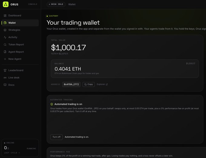 An Orus trading wallet dashboard showing a total value of $1,000.17 with a balance of 0.4041 ETH and automated trading enabled.