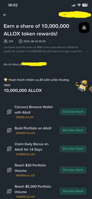 A mobile app screen for an AlloX token rewards campaign offering a share of 10,000,000 ALLOX tokens, with completed tasks including 'Connect Binance Wallet with AlloX' (700,000 ALLOX) and 'Build Portfolio on AlloX' (2,000,000 ALLOX).