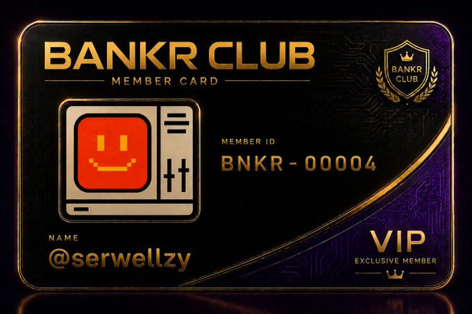 A digital VIP member card for "BANKR CLUB" with a gold and black design, displaying the Member ID "BNKR-00004", the name "@serwellzy", and a pixel art smiley face icon.