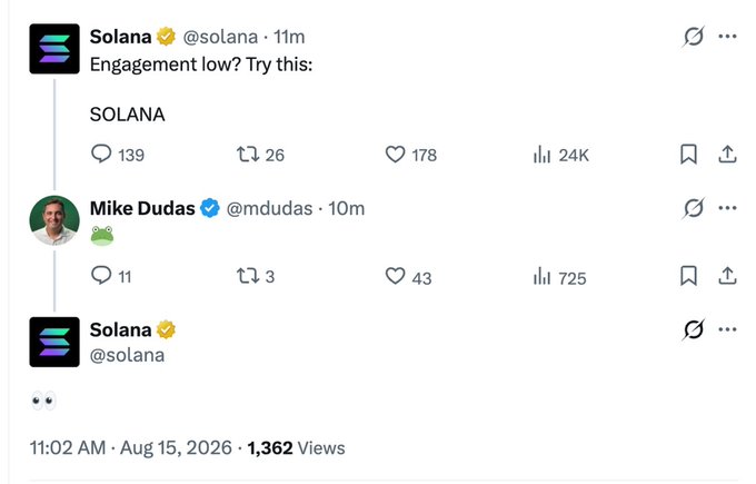A social media post thread shows verified account 'Solana' (@solana) posting 'Engagement low? Try this: SOLANA', followed by 'Mike Dudas' (@mdudas) replying with a frog emoji, with engagement metrics visible.