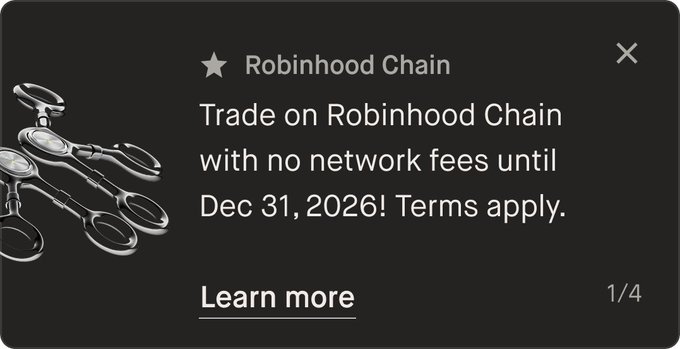 A Robinhood Chain promotional banner advertising no network fees until Dec 31, 2026, with a 'Learn more' link and a graphic of broken chains.