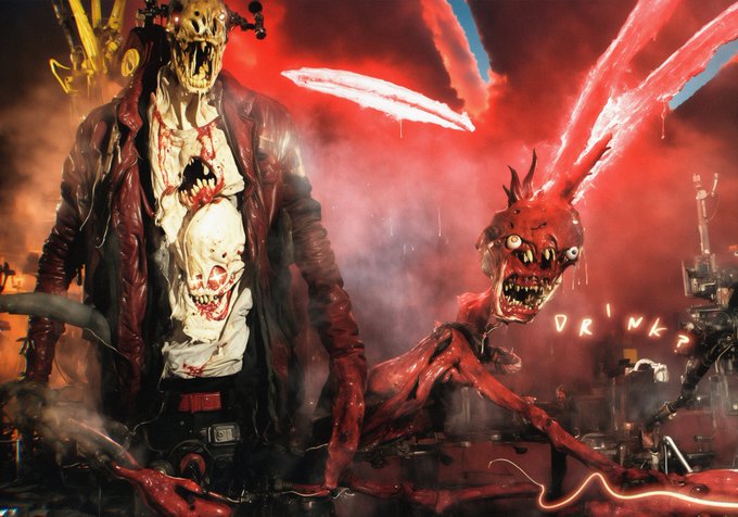 A dark, horror-themed digital artwork featuring menacing zombie-like figures with bloody, decaying flesh and glowing eyes, set against a red-tinted, smoky background with the word 'DRINKS' visible in neon.