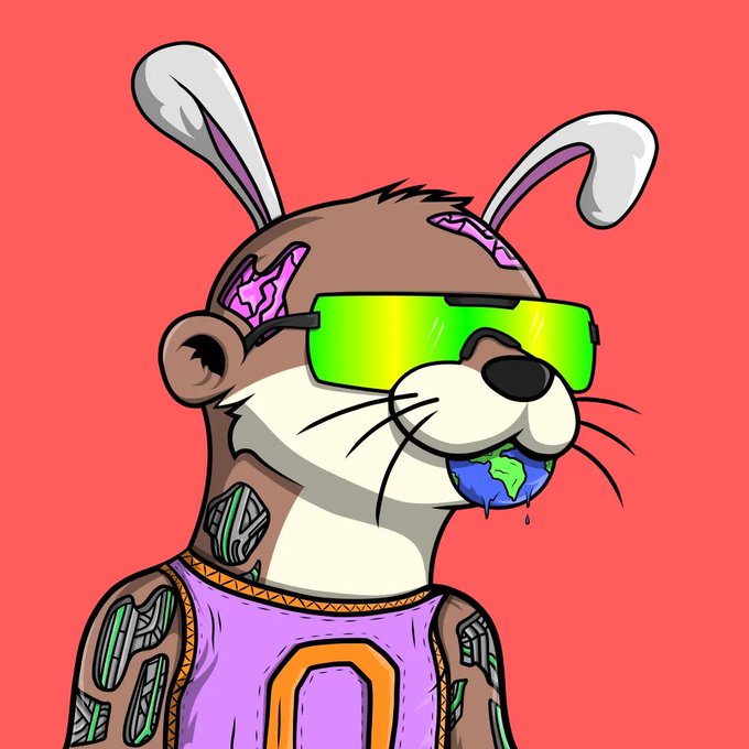 A cartoon illustration of a brown rabbit character wearing neon green sunglasses and a purple tank top, with a small Earth globe in its mouth against a red background.