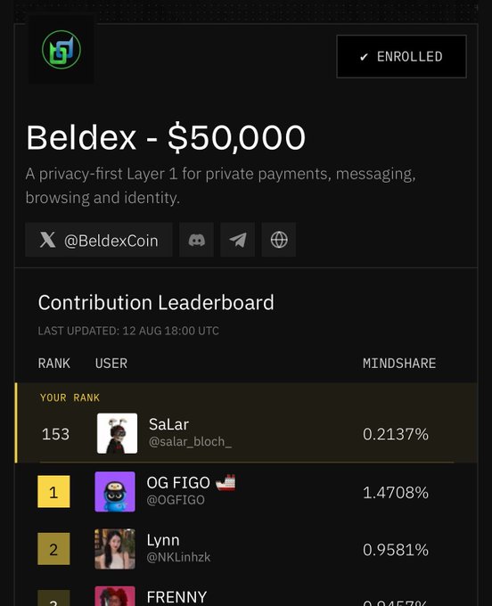 A dark-themed leaderboard dashboard for a "Beldex - $50,000" campaign, described as a privacy-first Layer 1, showing the user "Salar (@salar_bloch_)" ranked 153rd with 0.2137% mindshare, behind leaders like OG FIGO and Lynn.