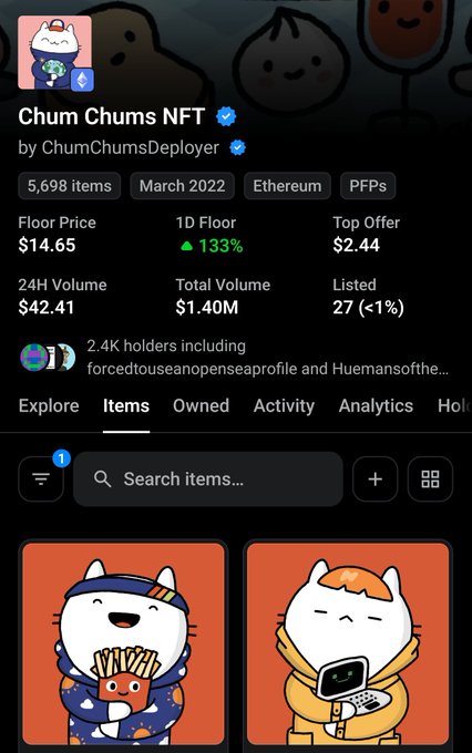 The image shows an OpenSea listing page for the "Chum Chums NFT" collection on Ethereum, featuring 5,698 items with a floor price of $14.65, 24H volume of $42.41, and only 27 items currently listed (<1%). The post highlights this scarcity by pointing out that "Only 27 chums listed," directly referencing the "Listed 27 (<1%)" figure visible at the top of the page.