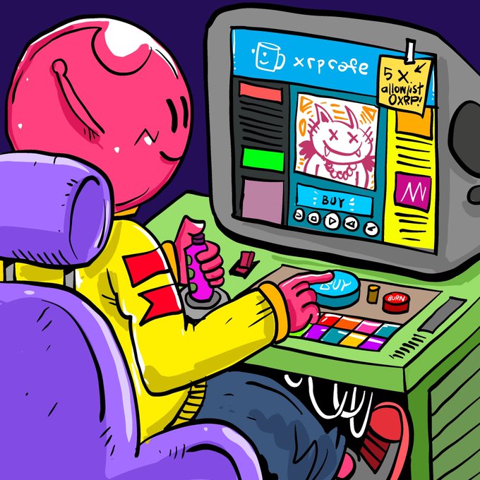 A colorful cartoon illustration of a pink character in a yellow jacket playing an arcade game called 'xrpcafe' with an XRP/XR purchase screen.