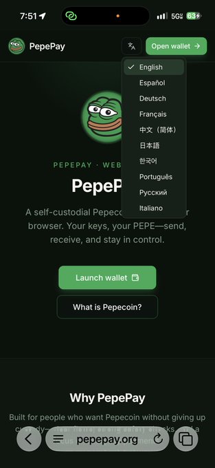 A mobile screenshot of the PepePay website (pepepay.org) showing a language selection menu in multiple languages over a page describing a 'self-custodial Pepecorn browser' with a 'Launch wallet' button.