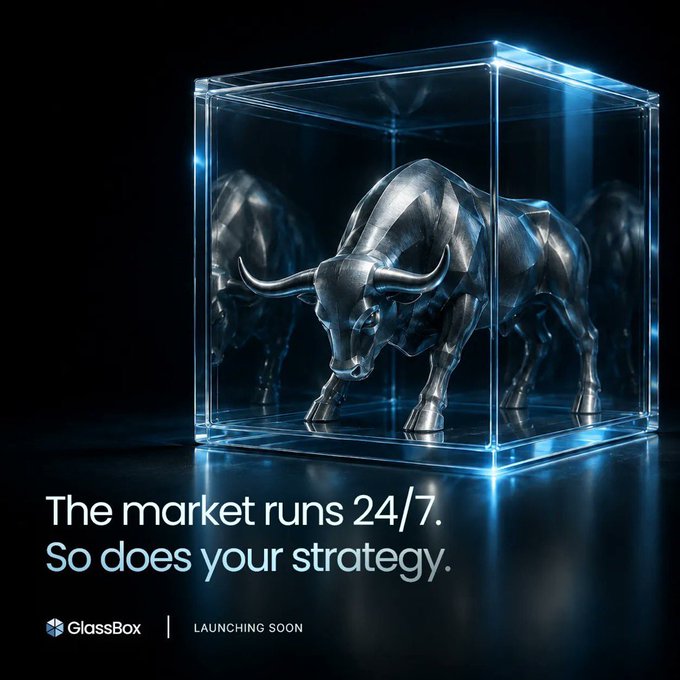 This image depicts a metallic bull in a glass enclosure, with the text "GlassBox | LAUNCHING SOON" and "The market runs 24/7. So does your strategy." The bull symbolizes a bullish market and potentially the strength of GlassBox's upcoming strategies, as mentioned in the post.