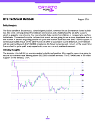 This image displays a BTC Technical Outlook chart from August 27th featuring a candlestick price chart of Bitcoin alongside technical indicators (RSI and another momentum oscillator). The analysis notes that while Bitcoin closed slightly bullish, intraday action remains range-bound, with expectations for further upside movement toward the $82,000 resistance level to validate the current trade position.