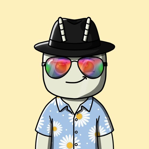 A cartoon illustration of a smiley face character with a white cylindrical body, wearing a black fedora with details, rainbow-reflective aviator sunglasses, and a blue Hawaiian shirt with daisy patterns.