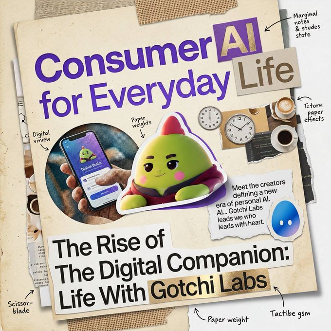 Magazine-style cover titled 'Consumer AI for Everyday Life - The Rise of The Digital Companion: Life With Gotchi Labs' featuring a green cartoon character.