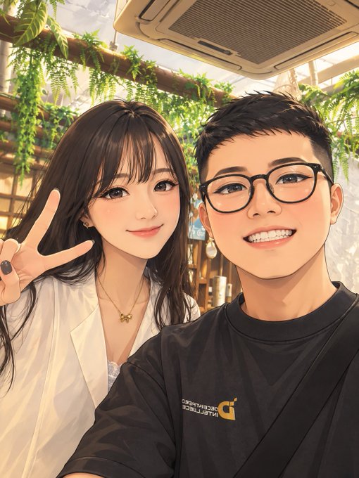 An anime-style illustration depicts a smiling couple taking a selfie, with the woman making a peace sign and the man wearing glasses and a black shirt with "G TW-ICE 2018 EDITION".