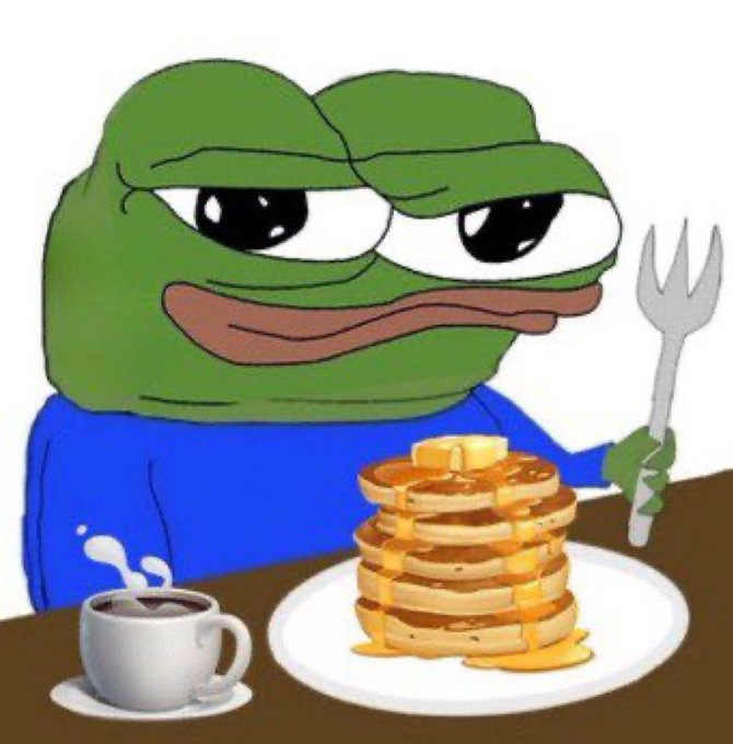 The image features a cartoon frog sitting at a table, eating pancakes that are dripping with maple syrup. The scene also includes a cup of coffee and a fork nearby. The post about Maple coin becoming an infra layer seems unrelated to this image as it focuses on fintechs building payments/payouts using Tempo rather than discussing the cartoon frog's breakfast.