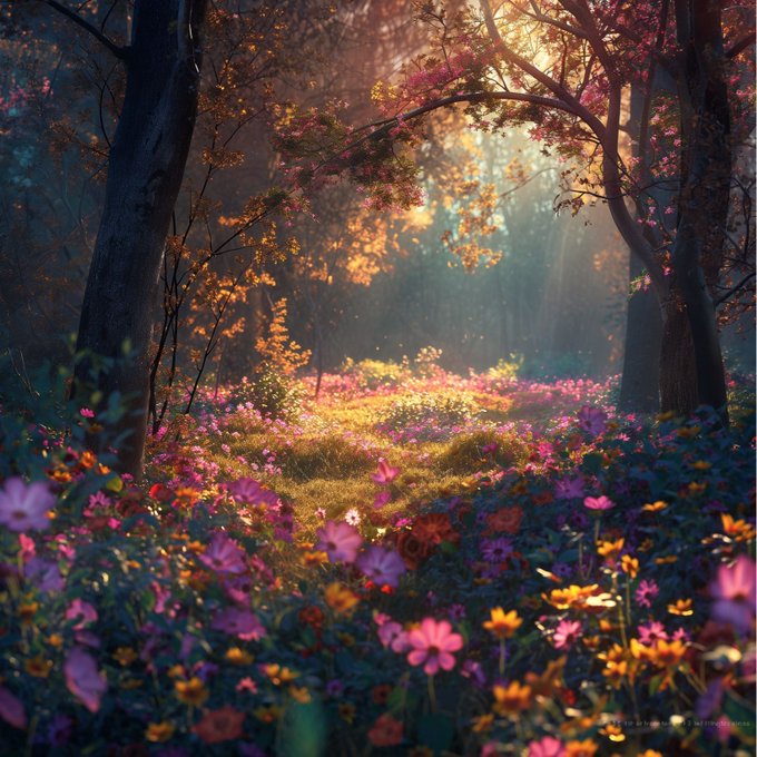 A dreamy, painterly forest scene bathed in golden sunlight filtering through trees, with a vibrant carpet of pink, magenta, orange, and yellow wildflowers covering the forest floor.
