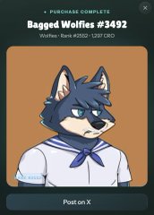 The image is a purchase confirmation from an NFT collection showing "Bagged Wolfies #3492," a husky character wearing a sailor outfit, listed as part of a $HEF purchase with a normal rank of #020 and 1289 ESPD. It visually confirms the post's announcement about acquiring Wolfies #3492, supporting the claim that HEF continues buying NFTs as part of its phase-based token graduation mission, which has contributed to the Wolfies floor price rising nearly 200 $CRO in 10 days.