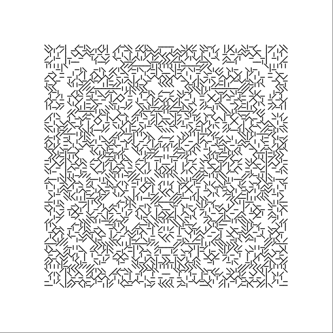An intricate black and white geometric pattern resembling woven or lattice-like maze designs.