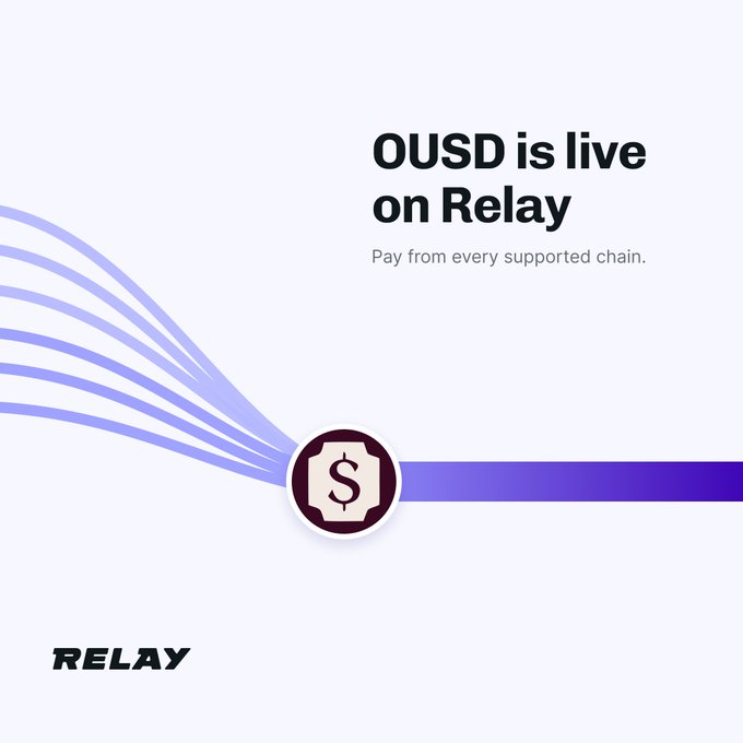 A promotional graphic announcing "OUSD is live on Relay" with the text "Pay from every supported chain" and a dollar sign icon.