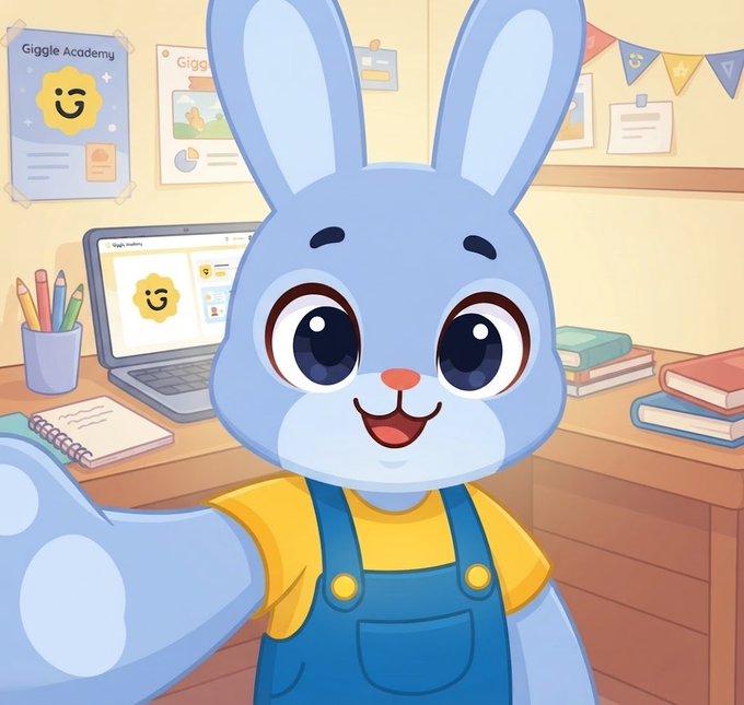 A cheerful blue bunny named Max wearing a yellow shirt and blue overalls smiles in a cozy study space featuring a laptop displaying "Giggle Academy," colorful pencils, and stacked books. The image perfectly matches the post's caption, showing Max enthusiastically prepared to tackle the week with a bright smile in his learning environment.