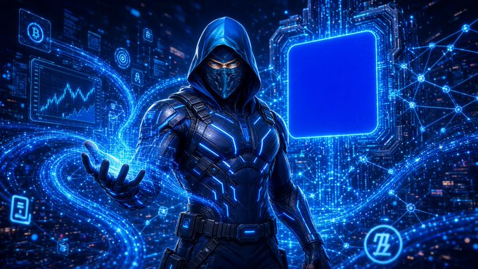 A futuristic digital artwork depicts a hooded, armored figure with glowing blue accents holding an orb of light, surrounded by holographic data streams, cryptocurrency symbols, and a blank blue screen, suggesting a hacker or AI entity.