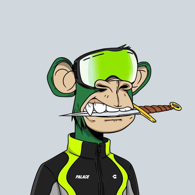 A cartoon illustration of a green monkey character biting a sword, wearing ski goggles and a black and neon green 'PALACE' track jacket.