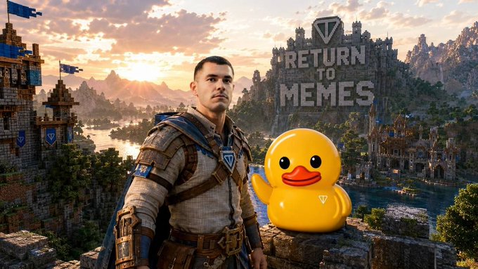 The image depicts a fantasy scene with a medieval-style warrior standing beside a large yellow rubber duck, set against a backdrop of a castle with the text "RETURN TO MEMES" and the Toncoin (TON) logo. The post claims "$UTYA will take over the @Ton_Blockchain," using the dramatic, epic imagery to humorously suggest that the $UTYA meme token will dominate the TON blockchain ecosystem.