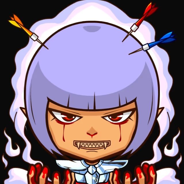 An anime-style illustration shows a purple-haired character with pointed ears, red eyes bleeding down her cheeks, sharp teeth, and darts/arrows stuck in her head, surrounded by flames.